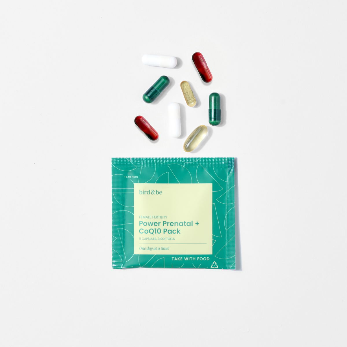 One Bird&Be Female Fertility Power Prenatal and CoQ10 sachet with eight capsules and softgels