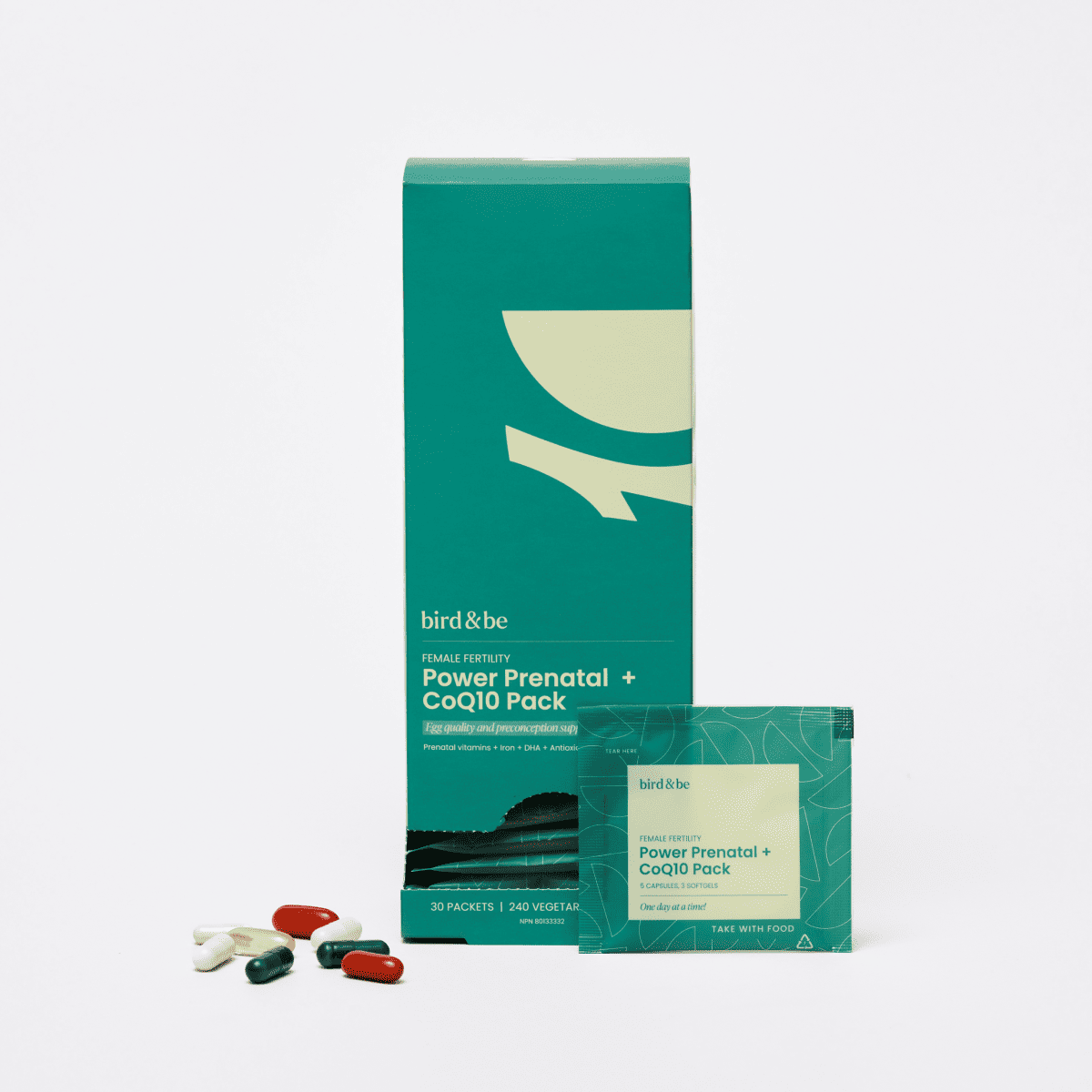Bird&Be Female Fertility Power Prenatal and CoQ10 Boost box, carton, sachet and capsules