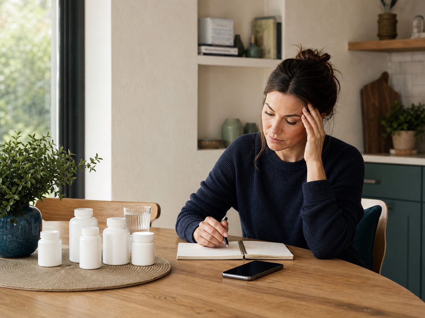 Woman comparing several generic supplement bottles at a kitchen table