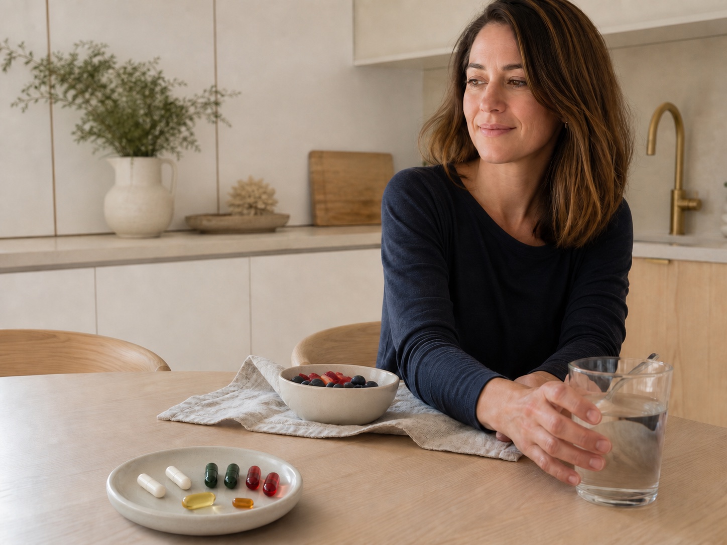 Woman at breakfast with a glass of water and eight capsules on a ceramic dish